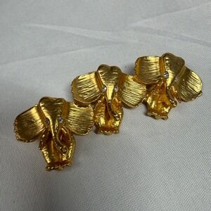 Vintage Gold Tone Elephant Brooch Rhinestone Eyes Linked Trio Lucky Family Pin